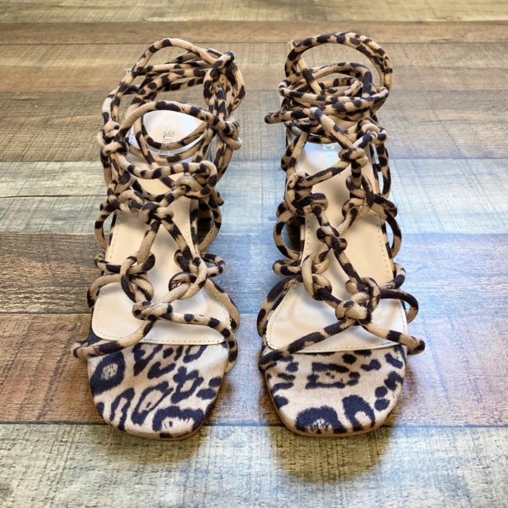 PUBLIC DESIRE ANIMAL PRINT SUEDE STRAPPY LACE UP BLOCK HEEL SANDALS - like new
